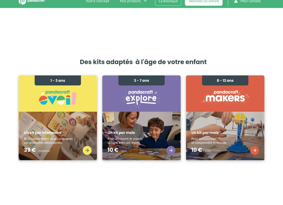 Module de sélection de gamme : trois cartes d'abonnement Éveil, Explore et Makers, une par tranche d'âge.