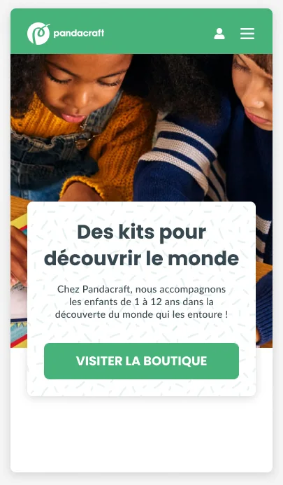 Module d'en-tête mobile : « Des kits pour découvrir le monde » et le bouton Visiter la boutique.
